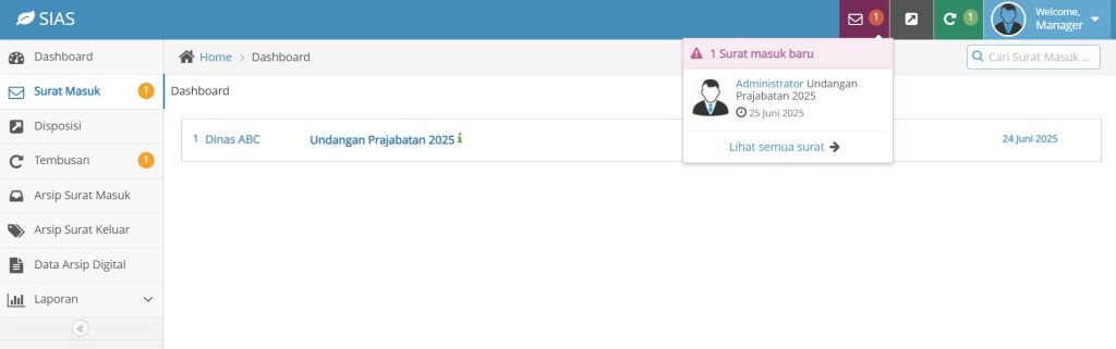 SiAS Pro - Halaman notifikasi surat masuk